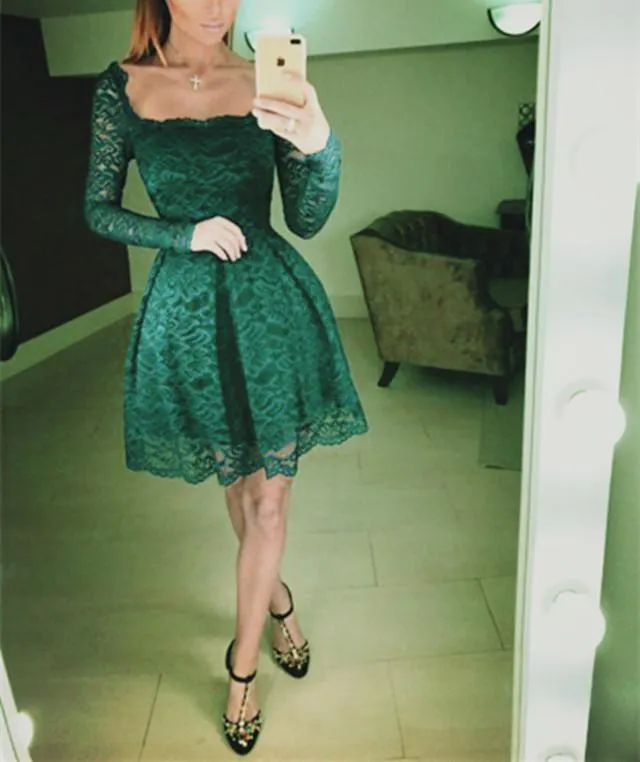 Emerald Green Lace Homecoming Dresses Long Sleeves Prom Short Dresses