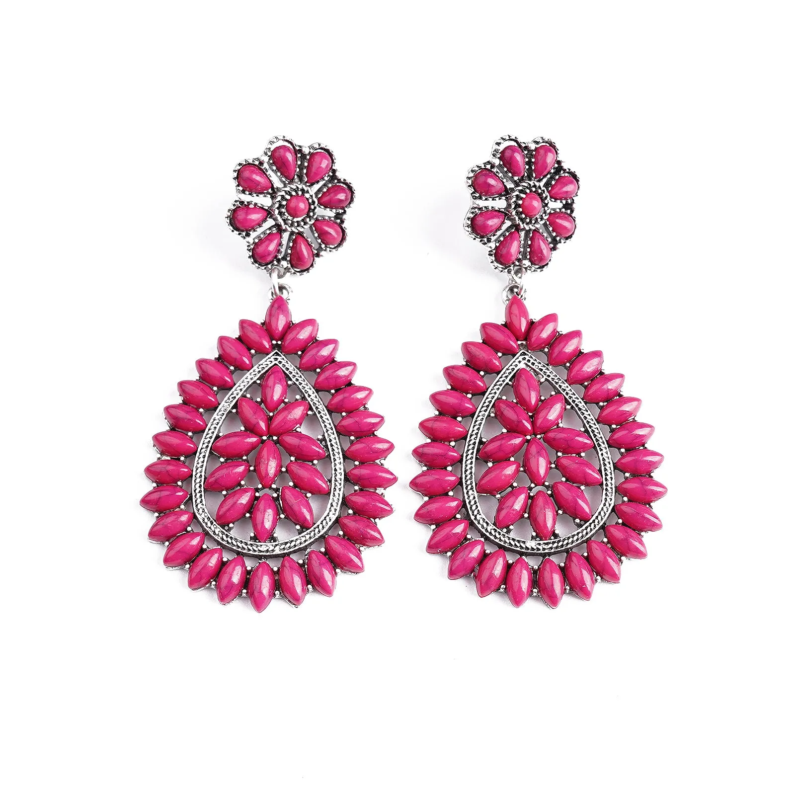 ER221015-03  Silver Base Hot Pink Stone Flower Shape Blossom Teardrop Shape Dangling Earring