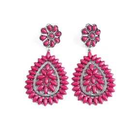 ER221015-03  Silver Base Hot Pink Stone Flower Shape Blossom Teardrop Shape Dangling Earring