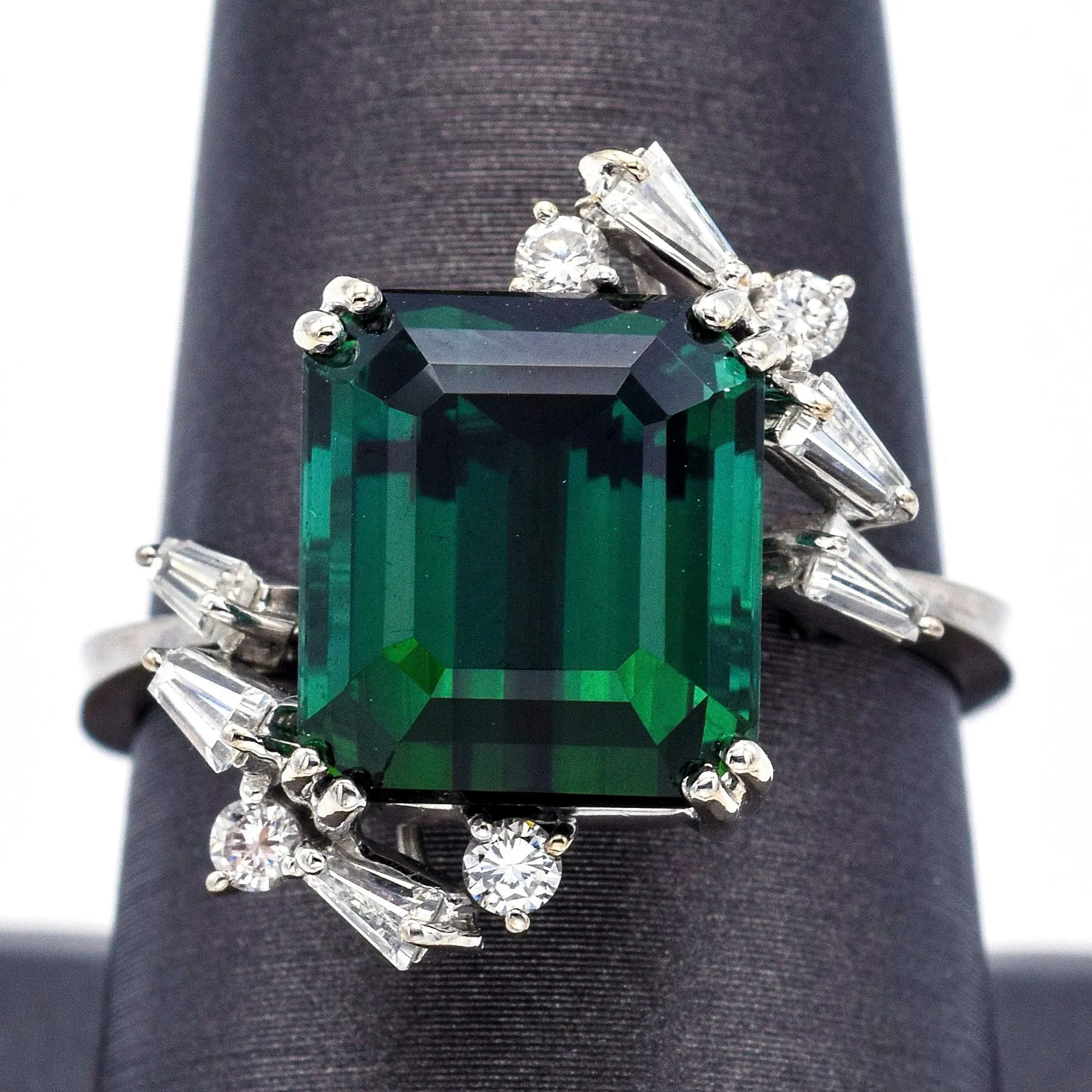 Estate 18K White Gold Green Tourmaline And Diamond Ring