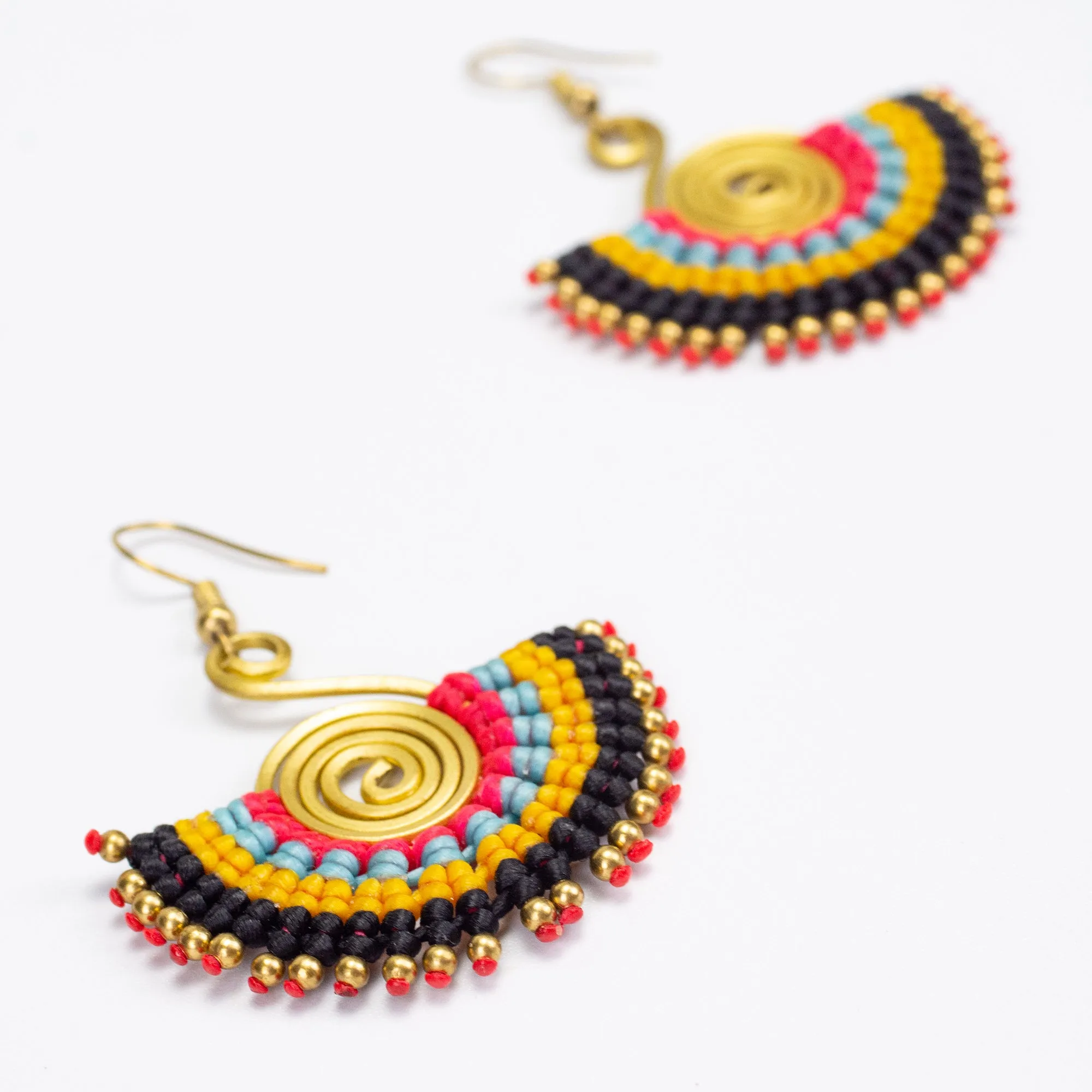 Fan Black Yellow Waxed String Spiral Brass Earrings