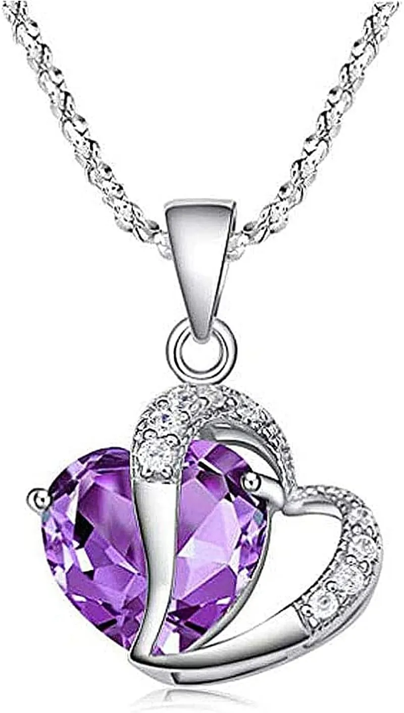 Fashion Crystal Necklace Purple Heart Shape Rhinestone Charm Pendant Necklace Charm Chain Jewelry Gift