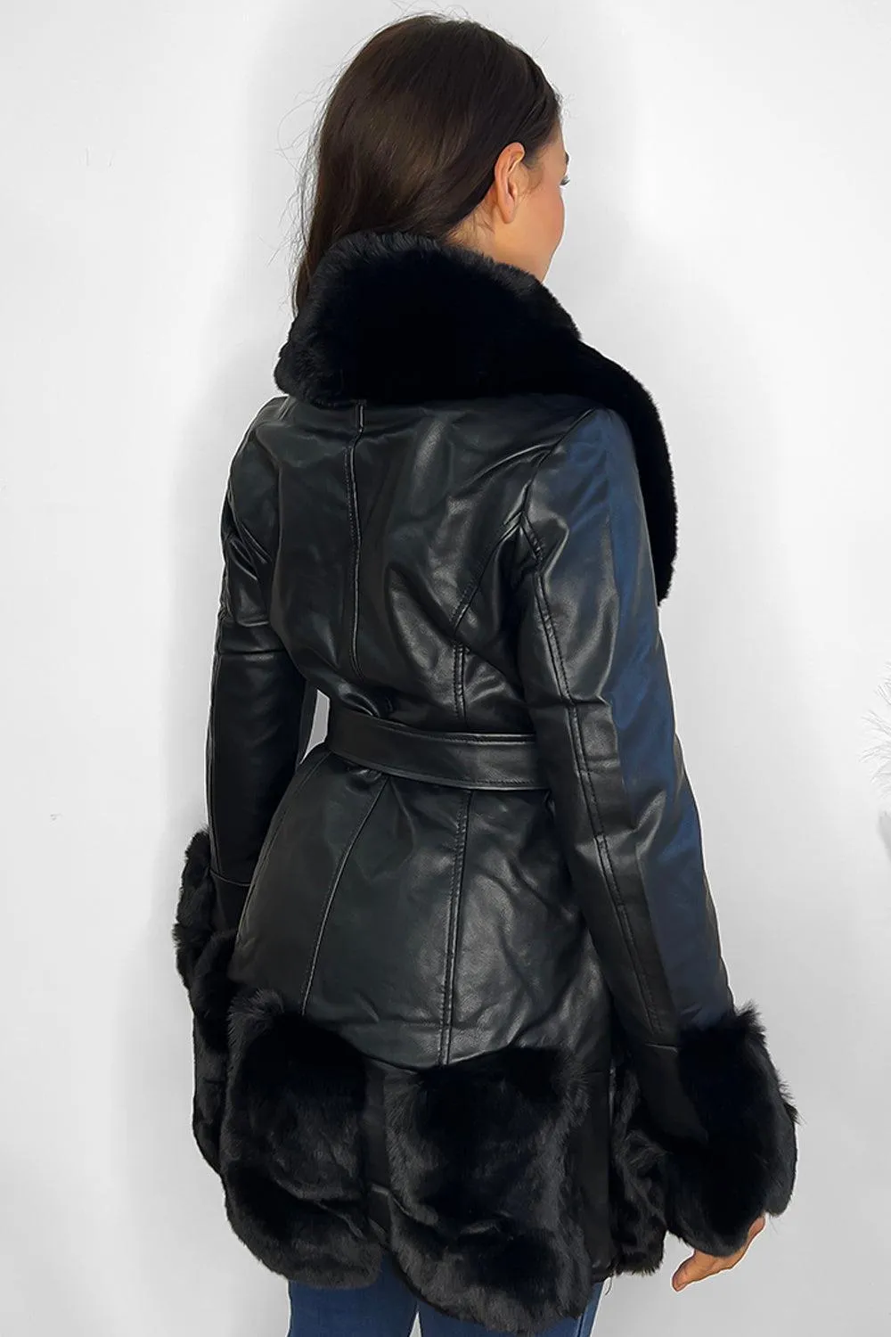 Faux Fur And Vegan Leather Waist Tie Deep Plunge Jacket