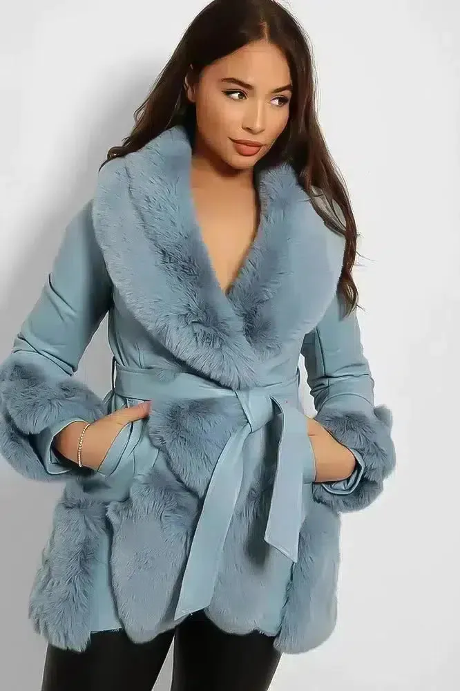 Faux Fur And Vegan Leather Waist Tie Deep Plunge Jacket