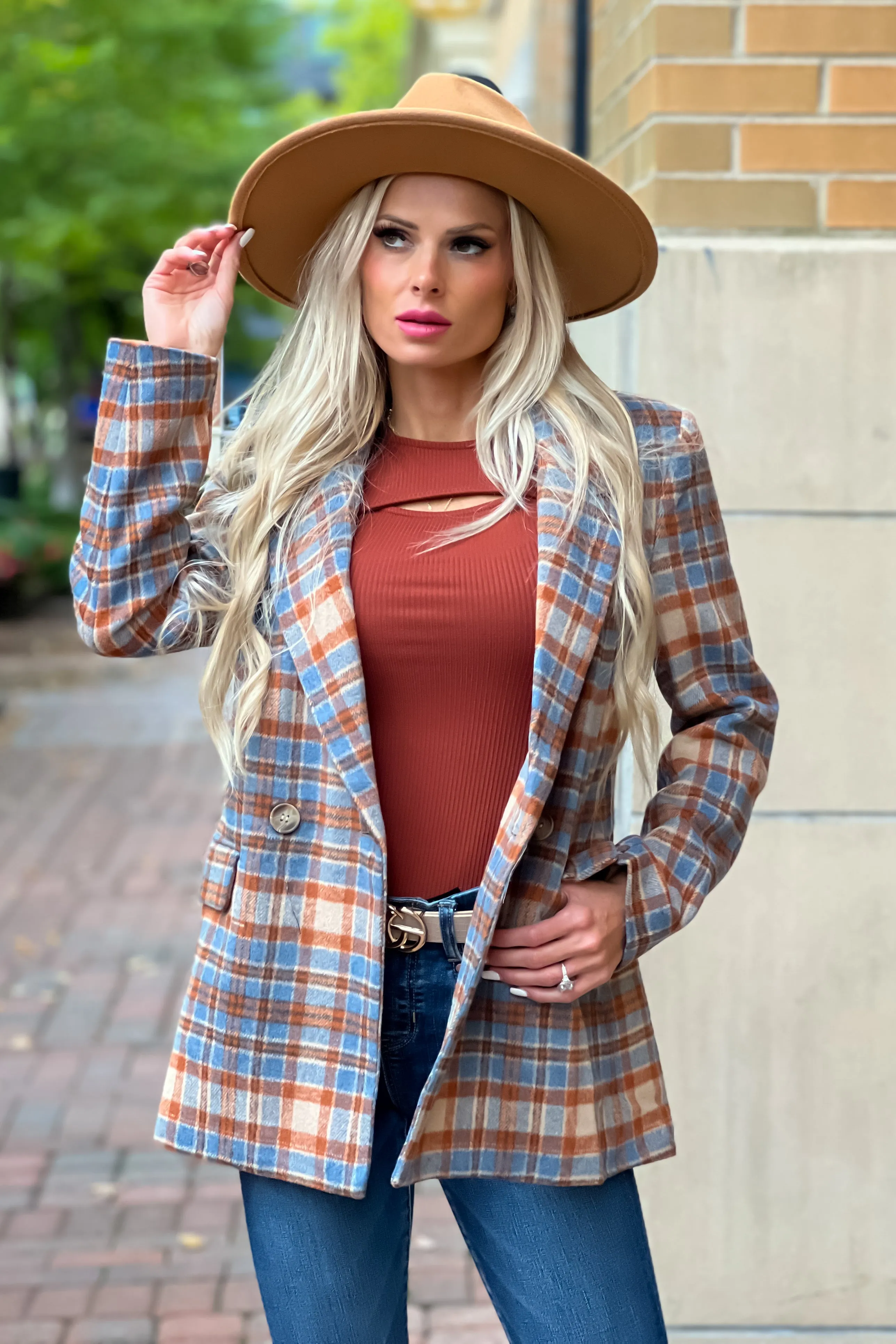 Felt The Chill Plaid Double Breasted Blazer : Rust/Blue/Beige