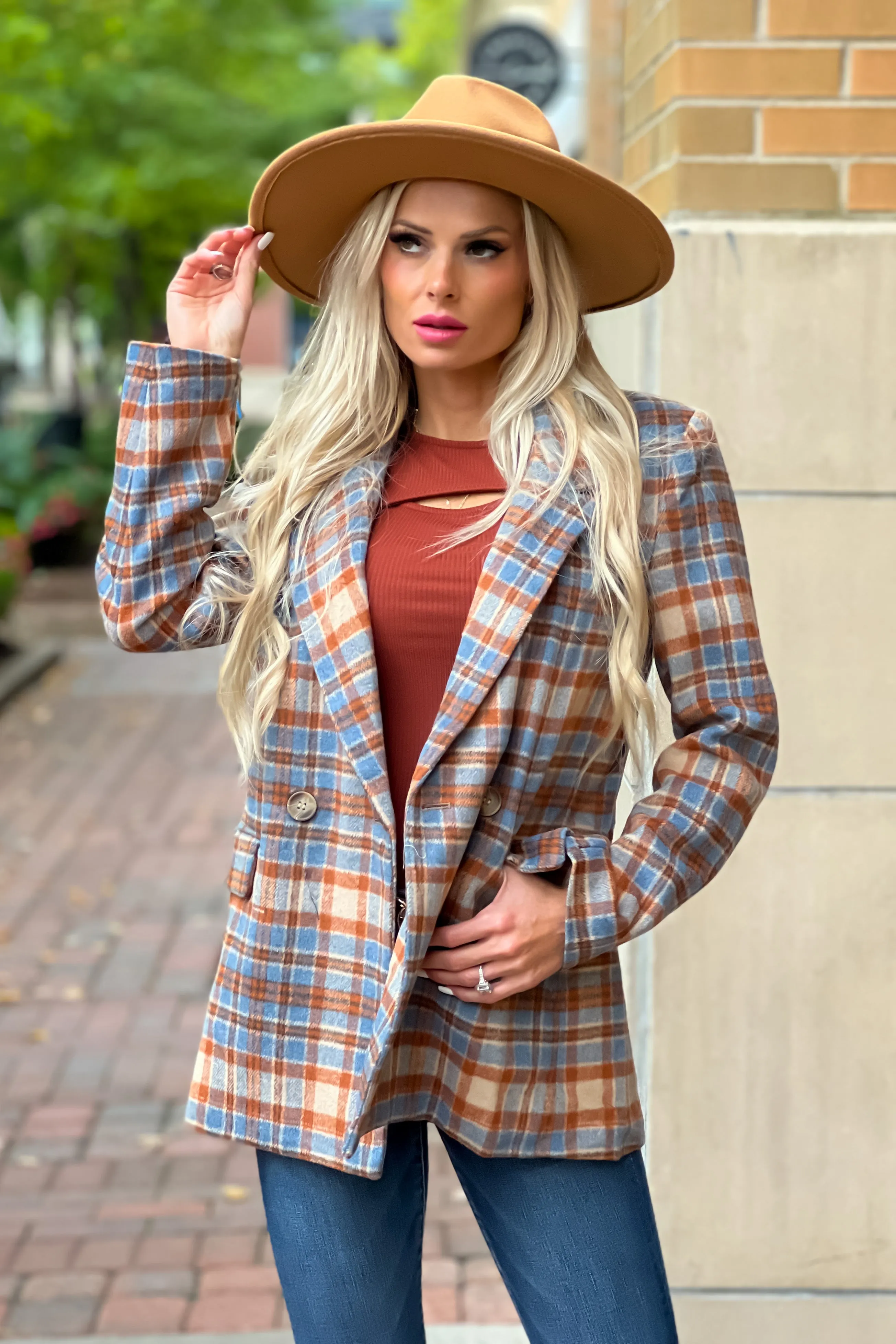 Felt The Chill Plaid Double Breasted Blazer : Rust/Blue/Beige