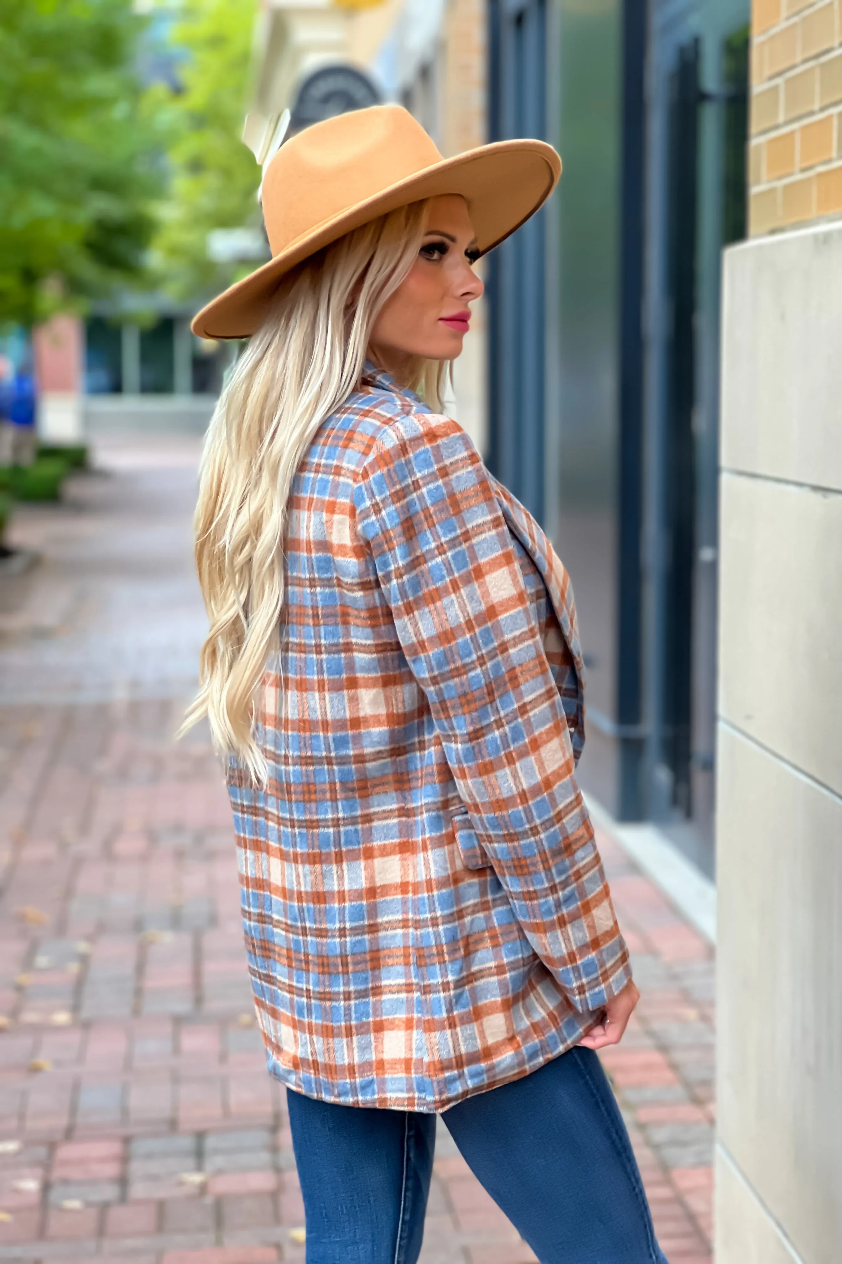 Felt The Chill Plaid Double Breasted Blazer : Rust/Blue/Beige