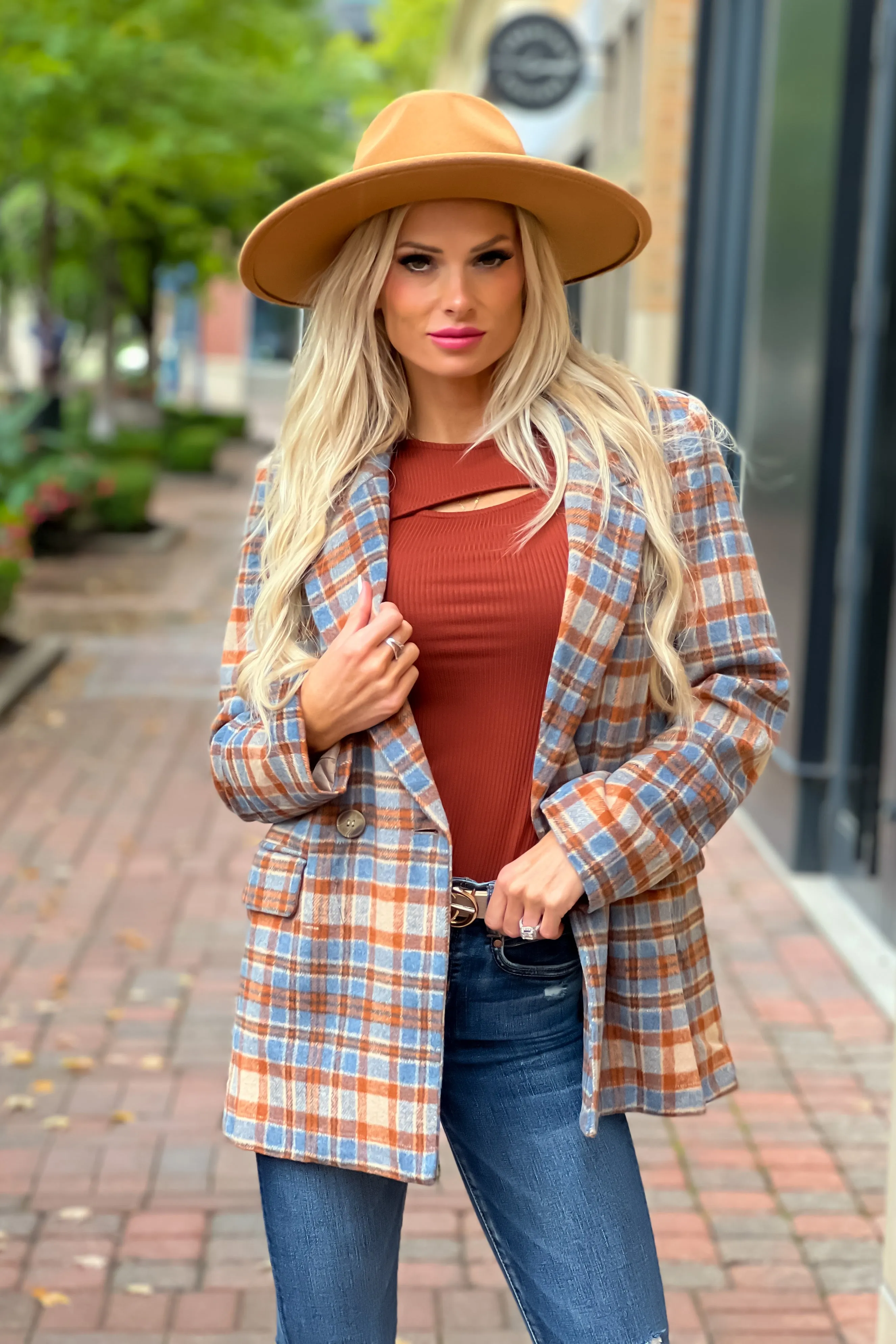 Felt The Chill Plaid Double Breasted Blazer : Rust/Blue/Beige