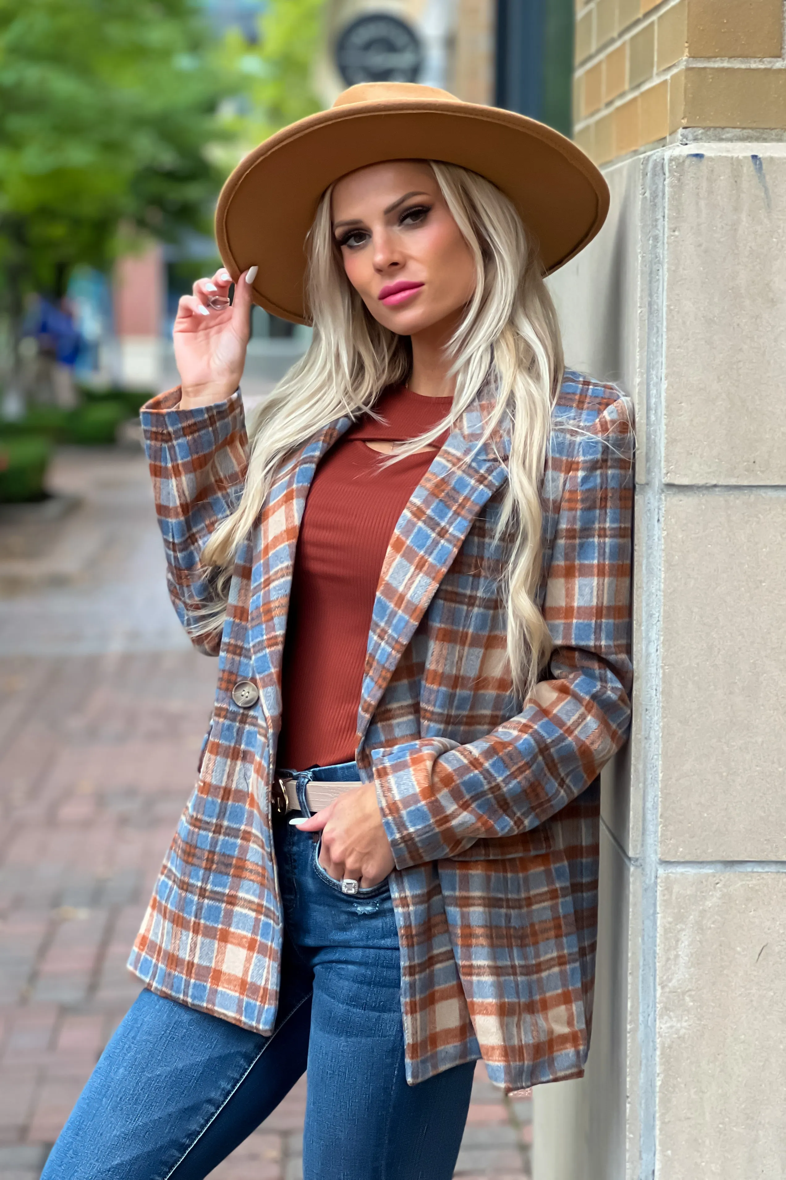 Felt The Chill Plaid Double Breasted Blazer : Rust/Blue/Beige