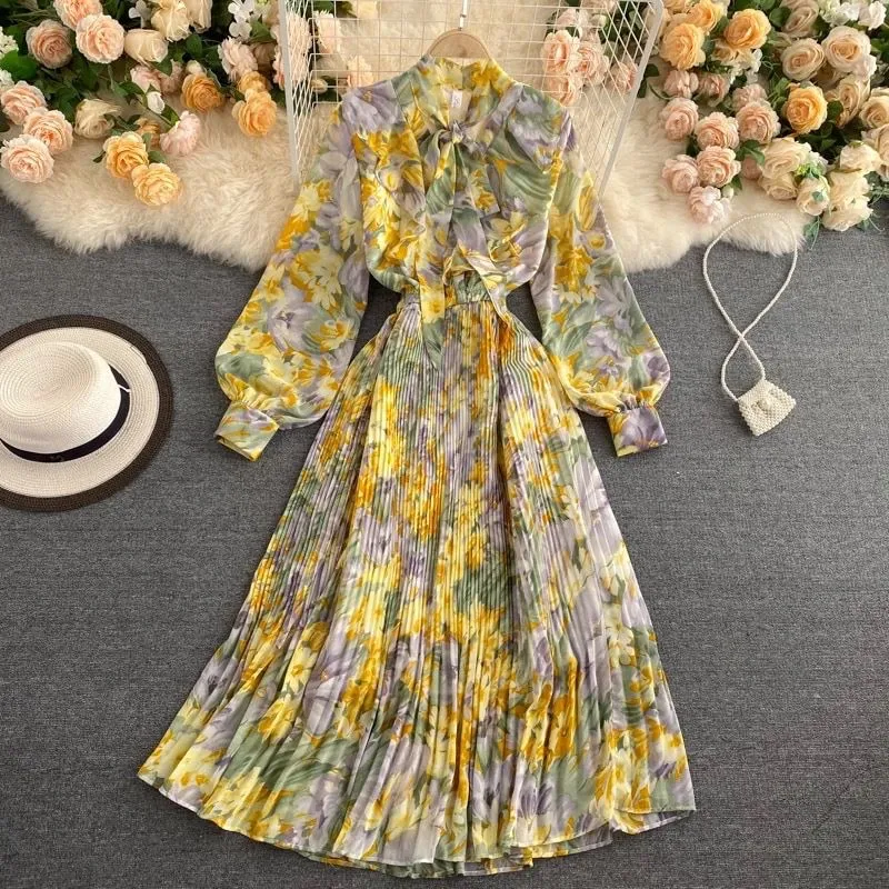 Floral Lantern Sleeve Chiffon Dress