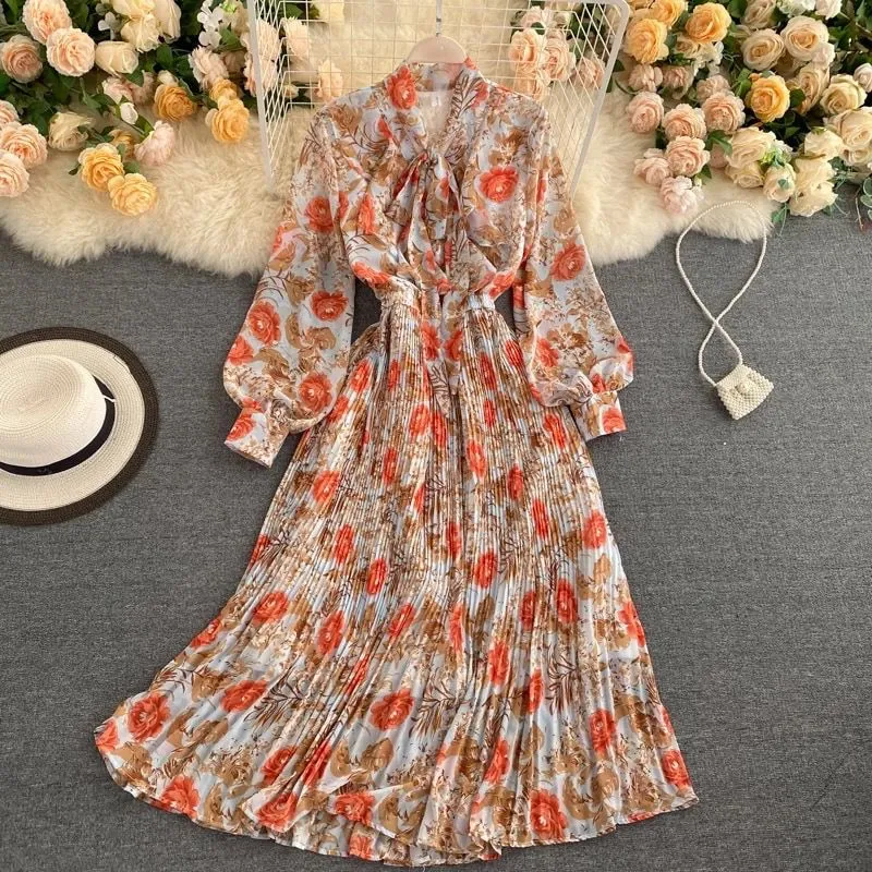 Floral Lantern Sleeve Chiffon Dress