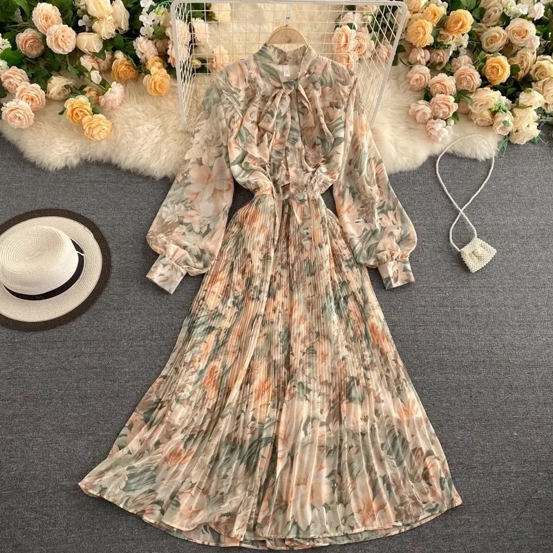 Floral Lantern Sleeve Chiffon Dress