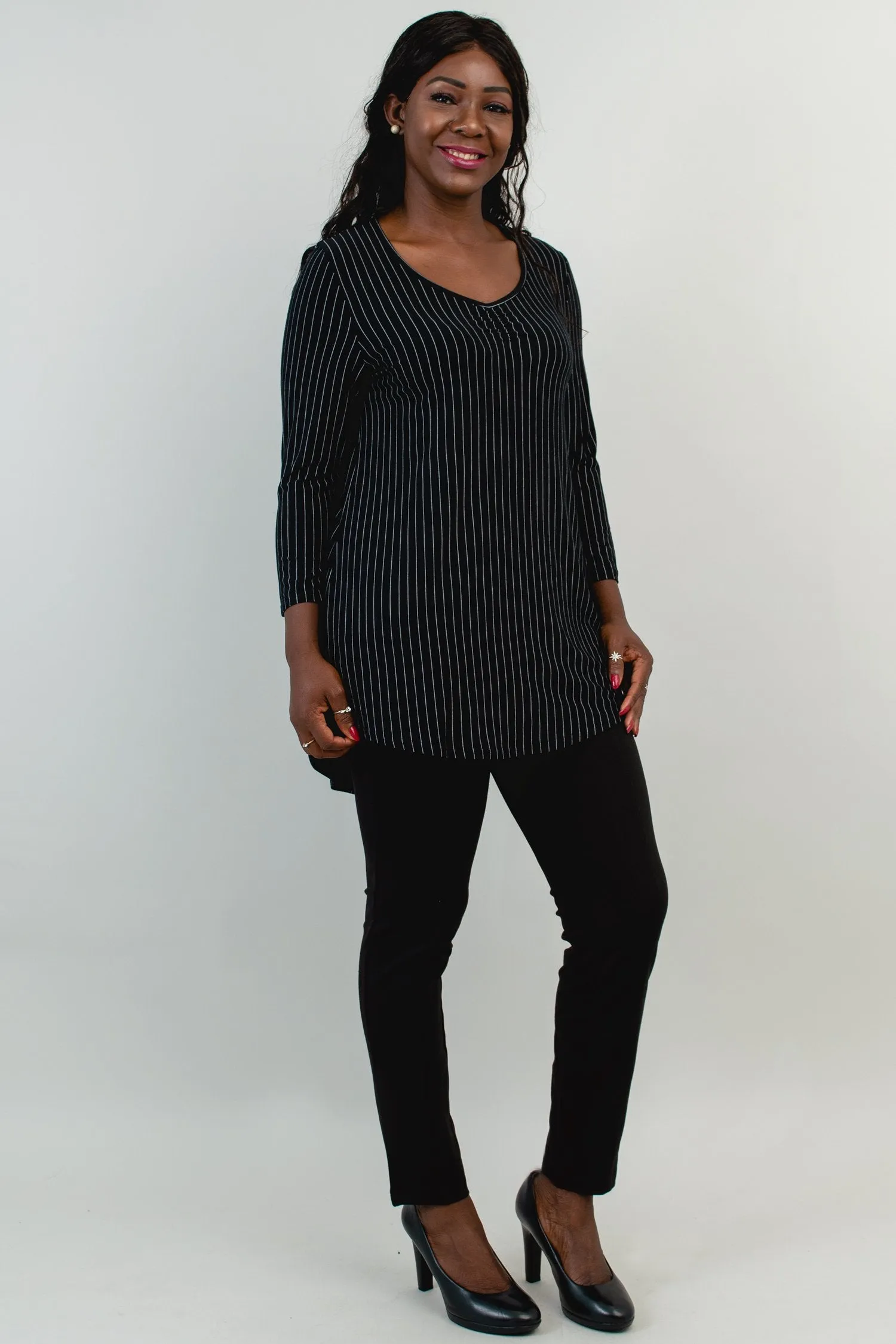 Franny Top, BW Pin Stripe, Bamboo- Final Sale