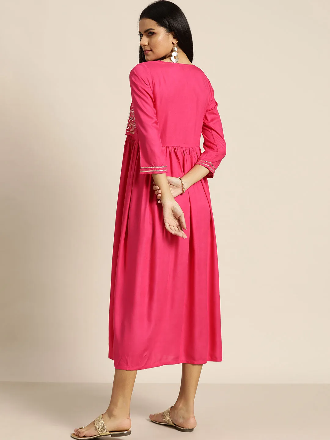 Fuchsia Zari Embroidered Liva Dress With Jacket