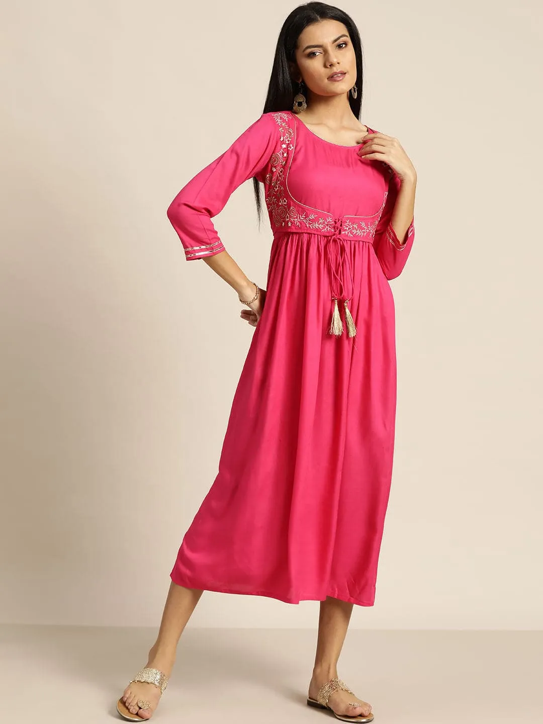 Fuchsia Zari Embroidered Liva Dress With Jacket