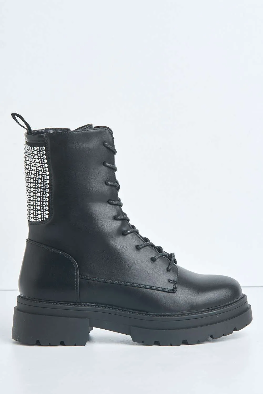 Gabbie Diamante Studded Detail Lace Up Ankle Boots in Black Matt