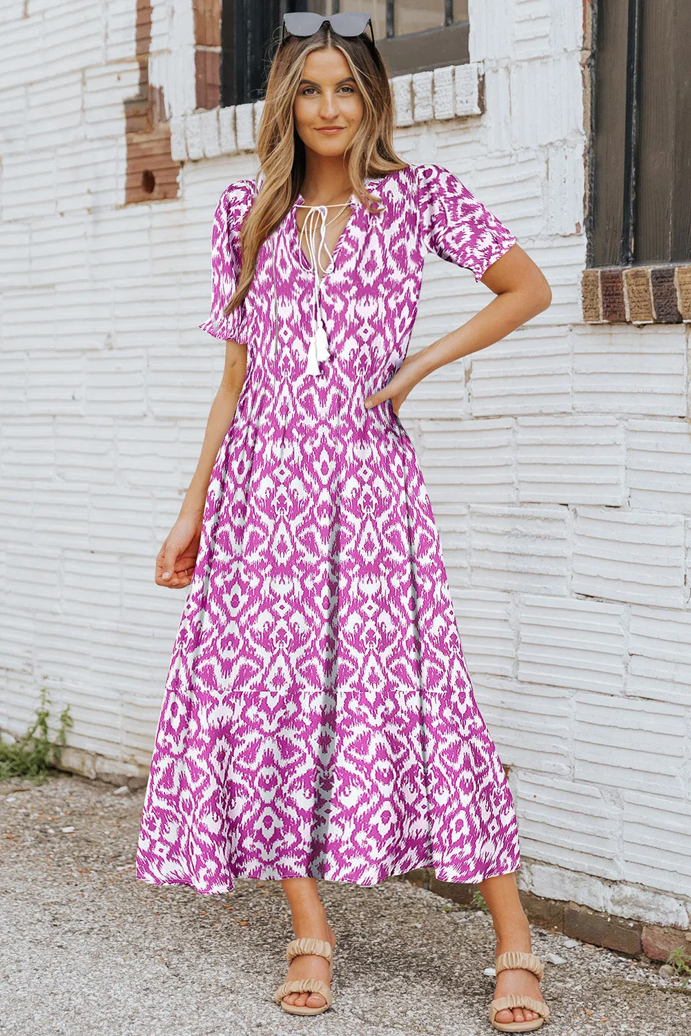 Geometric Print V-Neck Maxi Dress