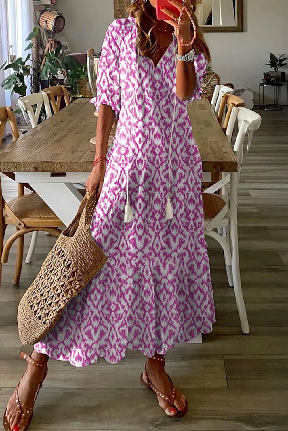 Geometric Print V-Neck Maxi Dress