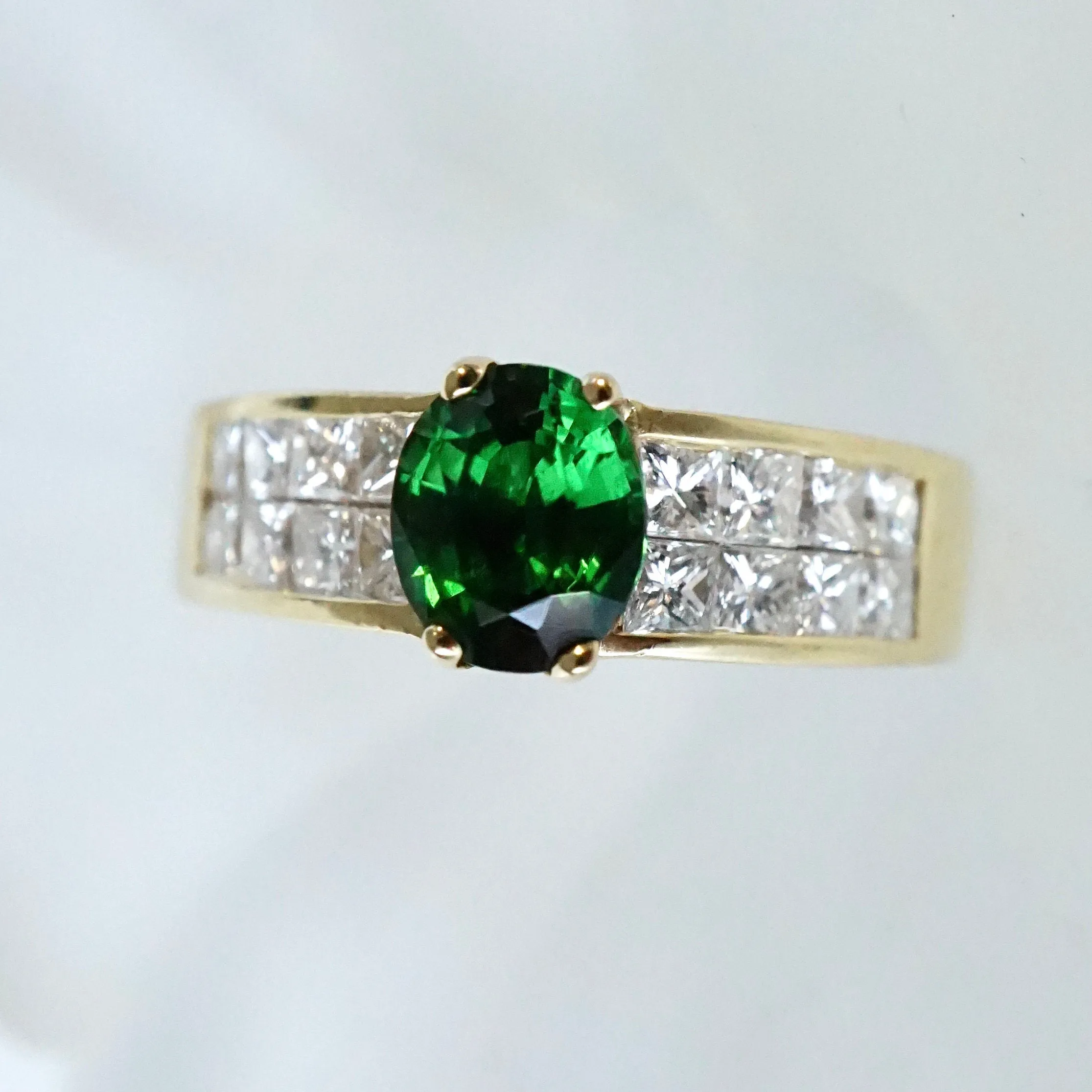 Green Chrome Tourmaline Diamond Ring - Oval Chrome Tourmaline Ring - Vintage Torumaline Ring