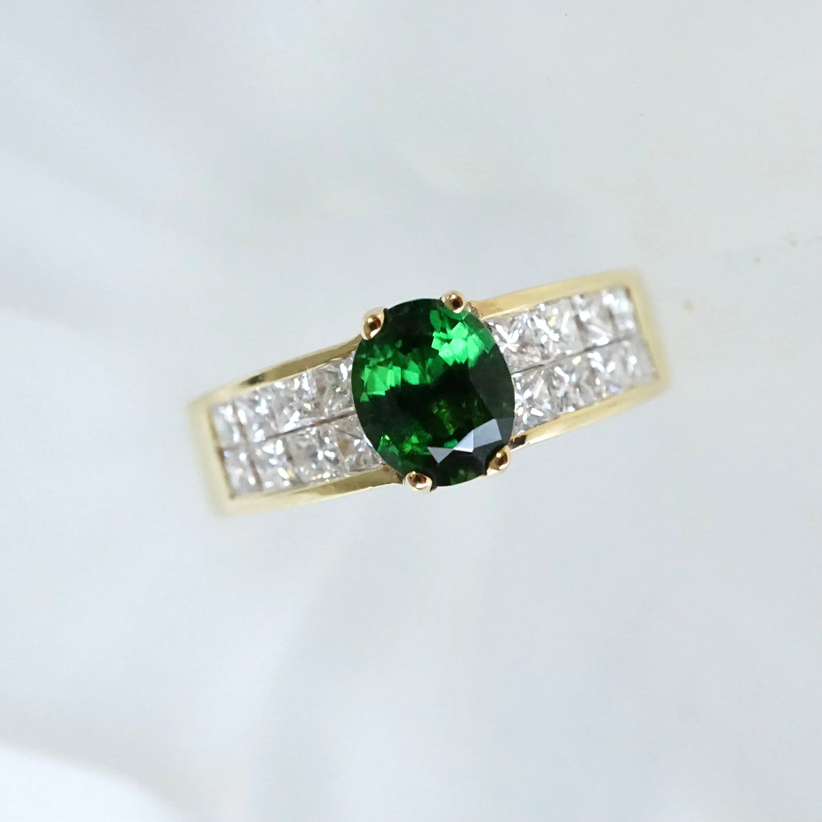 Green Chrome Tourmaline Diamond Ring - Oval Chrome Tourmaline Ring - Vintage Torumaline Ring