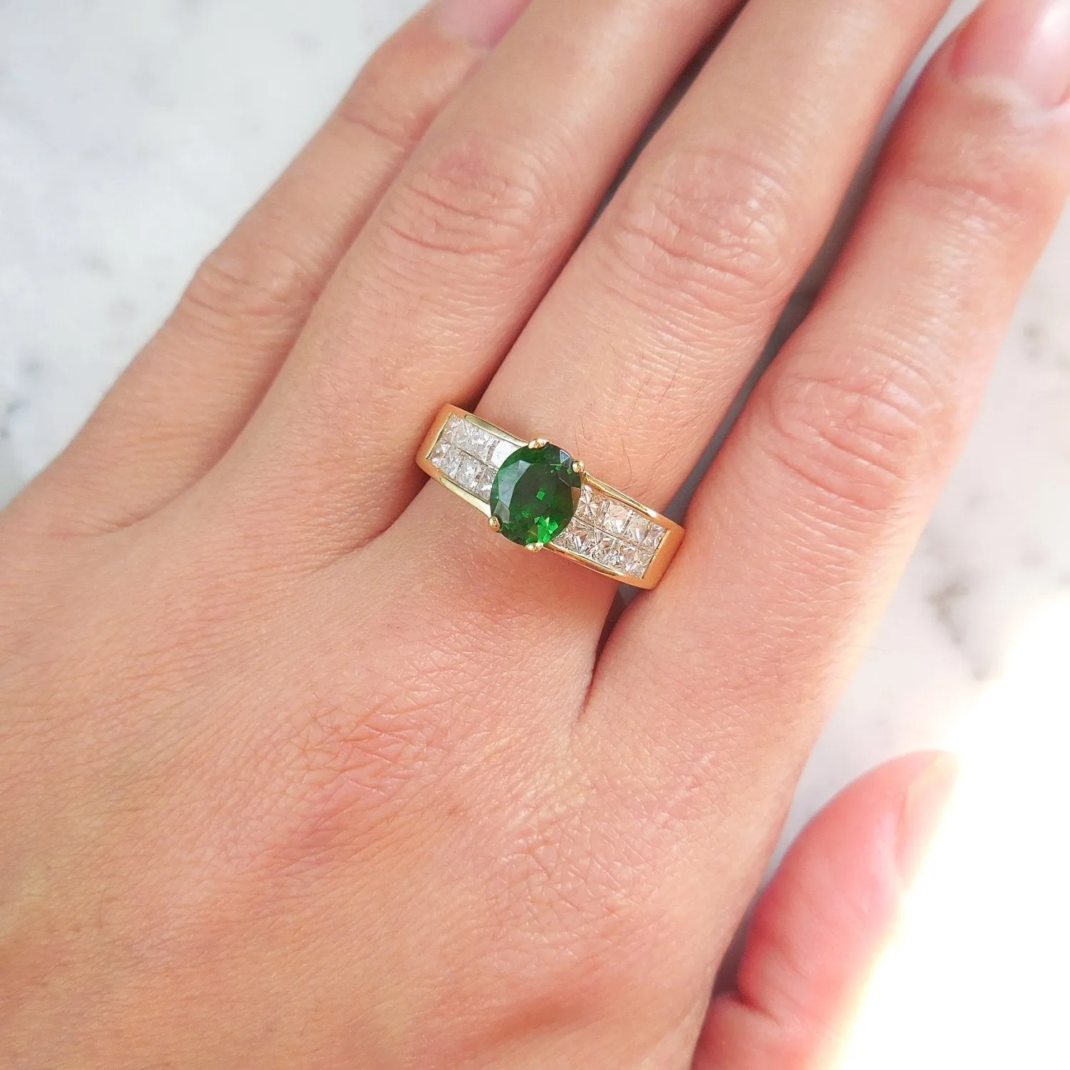 Green Chrome Tourmaline Diamond Ring - Oval Chrome Tourmaline Ring - Vintage Torumaline Ring