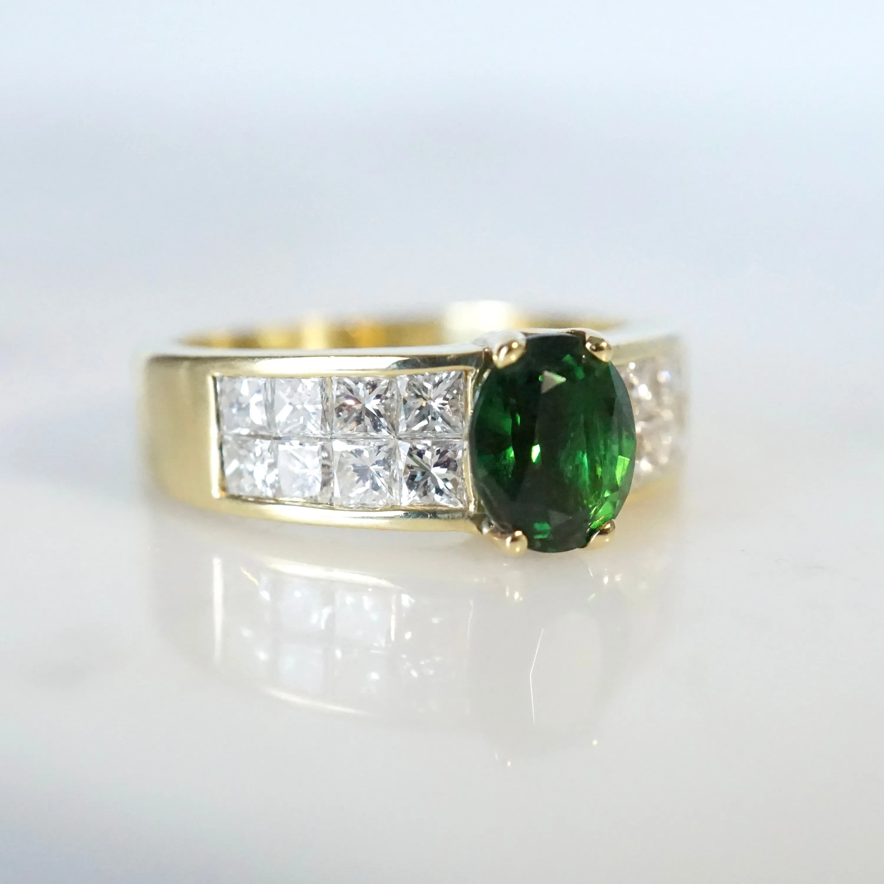 Green Chrome Tourmaline Diamond Ring - Oval Chrome Tourmaline Ring - Vintage Torumaline Ring