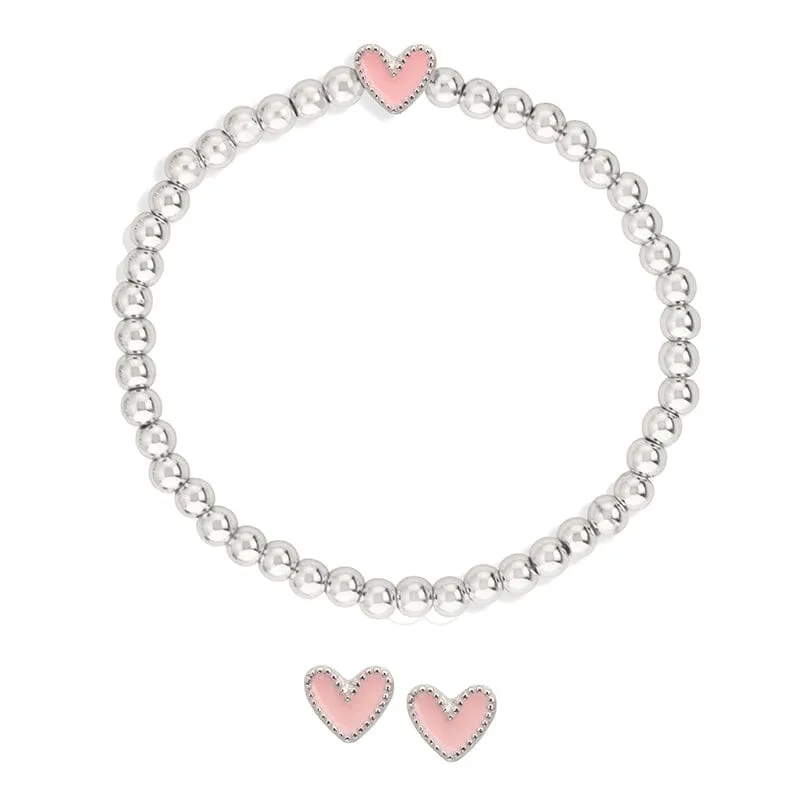 Heart Stretch Bracelet   Stud Earring Set In Pink