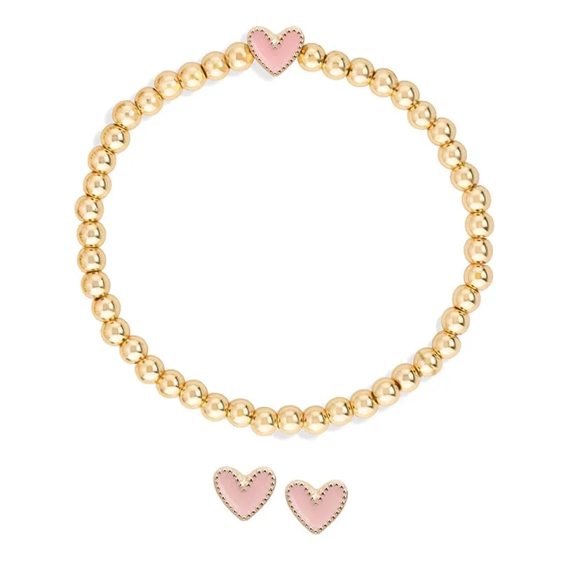 Heart Stretch Bracelet   Stud Earring Set In Pink