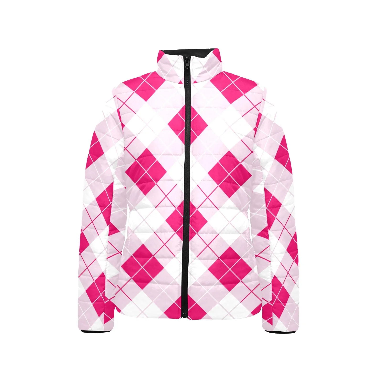 Innuendos of Pink Argyle Women's Stand Collar Padded Jacket