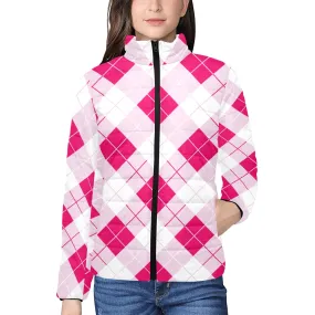 Innuendos of Pink Argyle Women's Stand Collar Padded Jacket