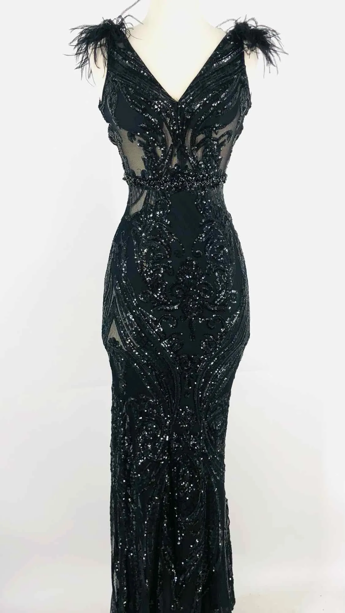 Jovani Size 0 Black Feathers Sequin Formal Wear Formal