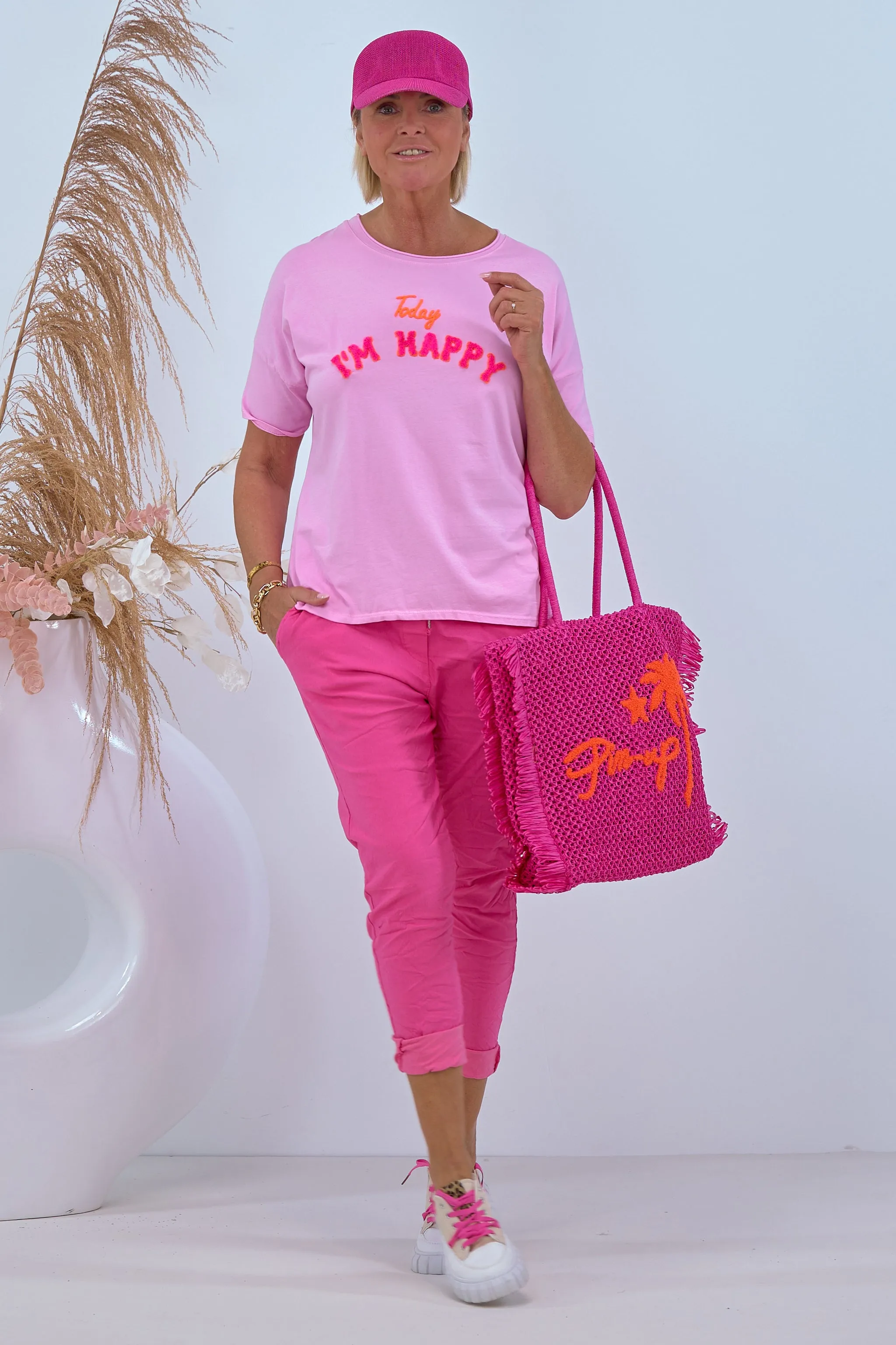 Kurzarm-Shirt mit HAPPY Flock, rosa