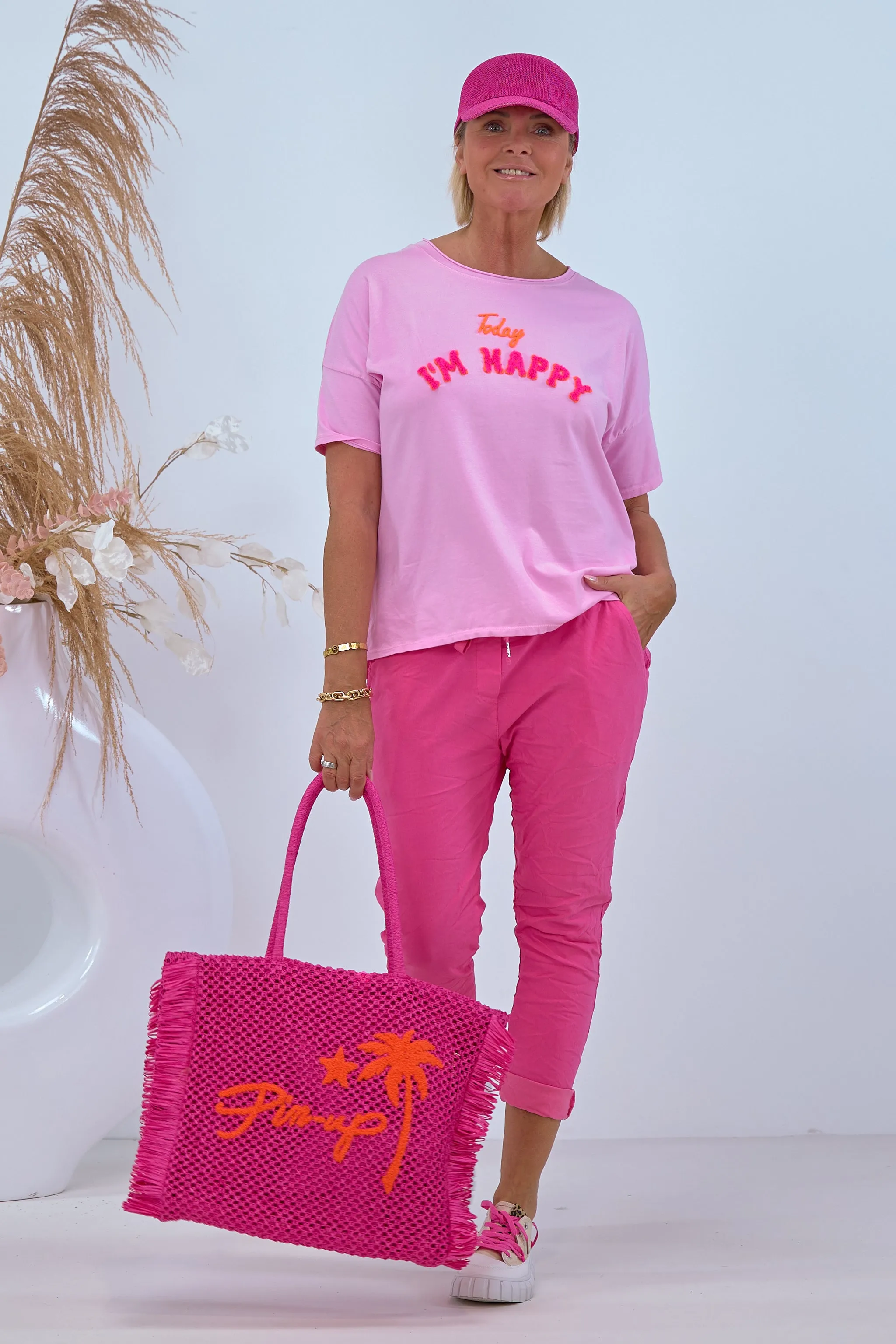 Kurzarm-Shirt mit HAPPY Flock, rosa