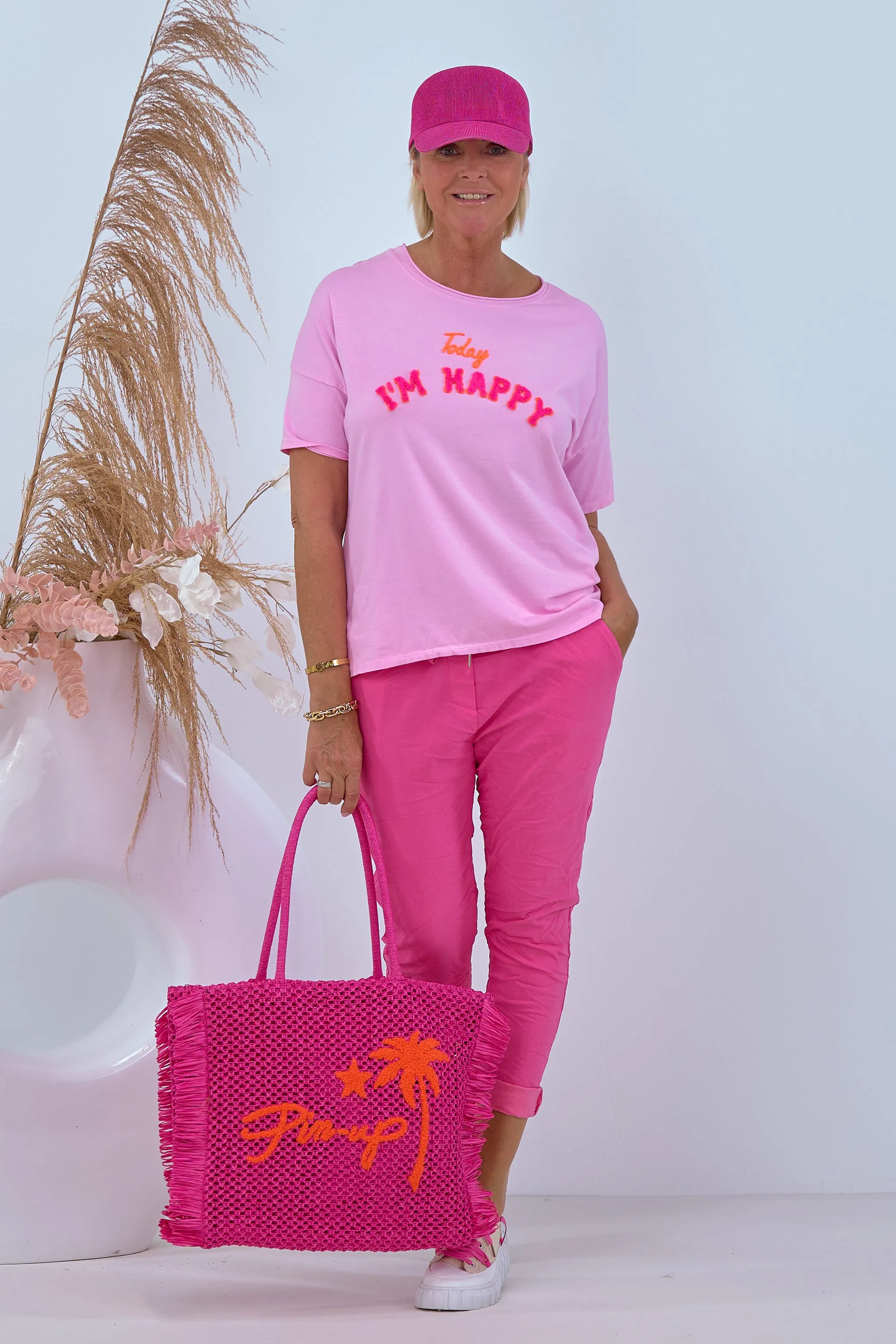 Kurzarm-Shirt mit HAPPY Flock, rosa