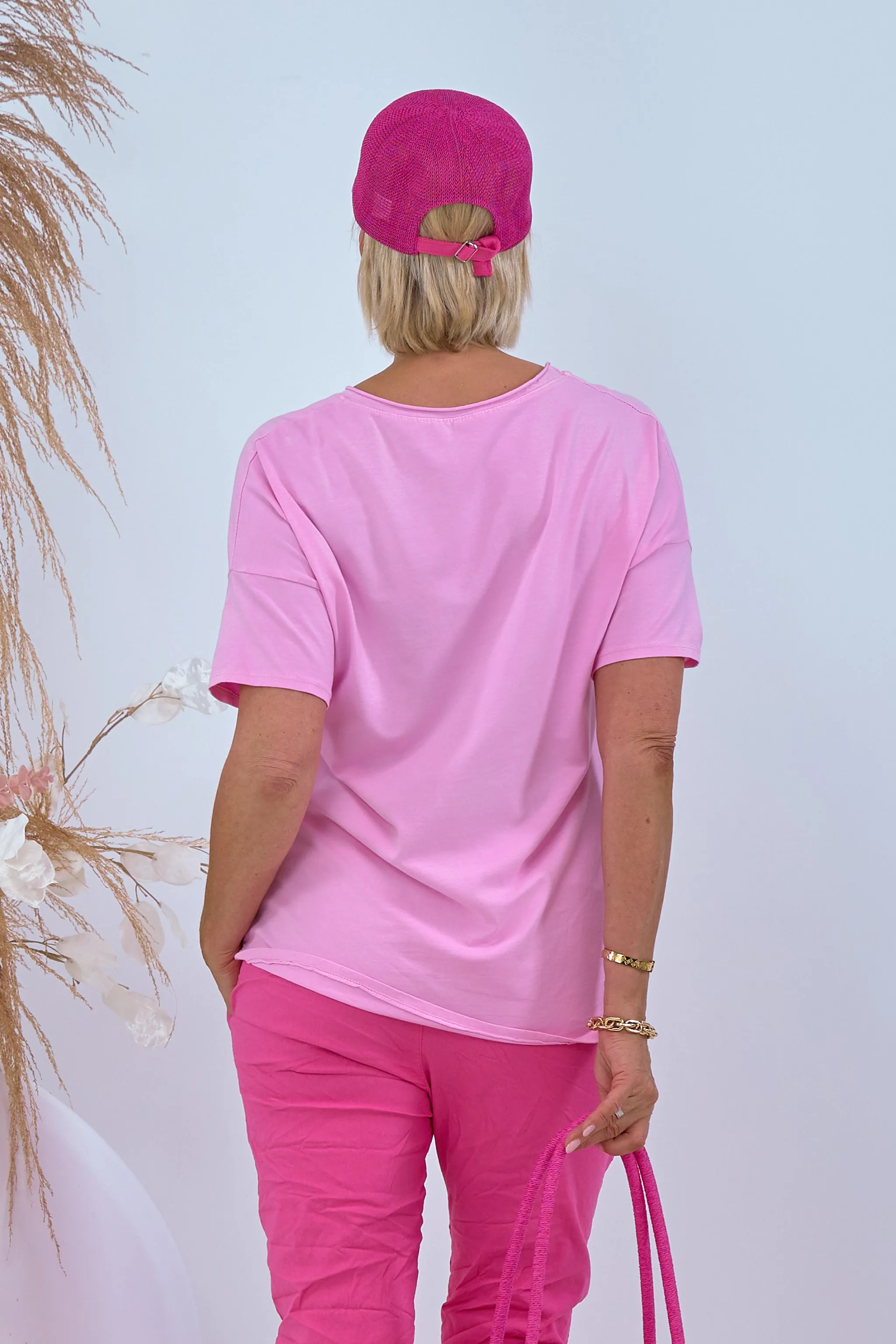 Kurzarm-Shirt mit HAPPY Flock, rosa