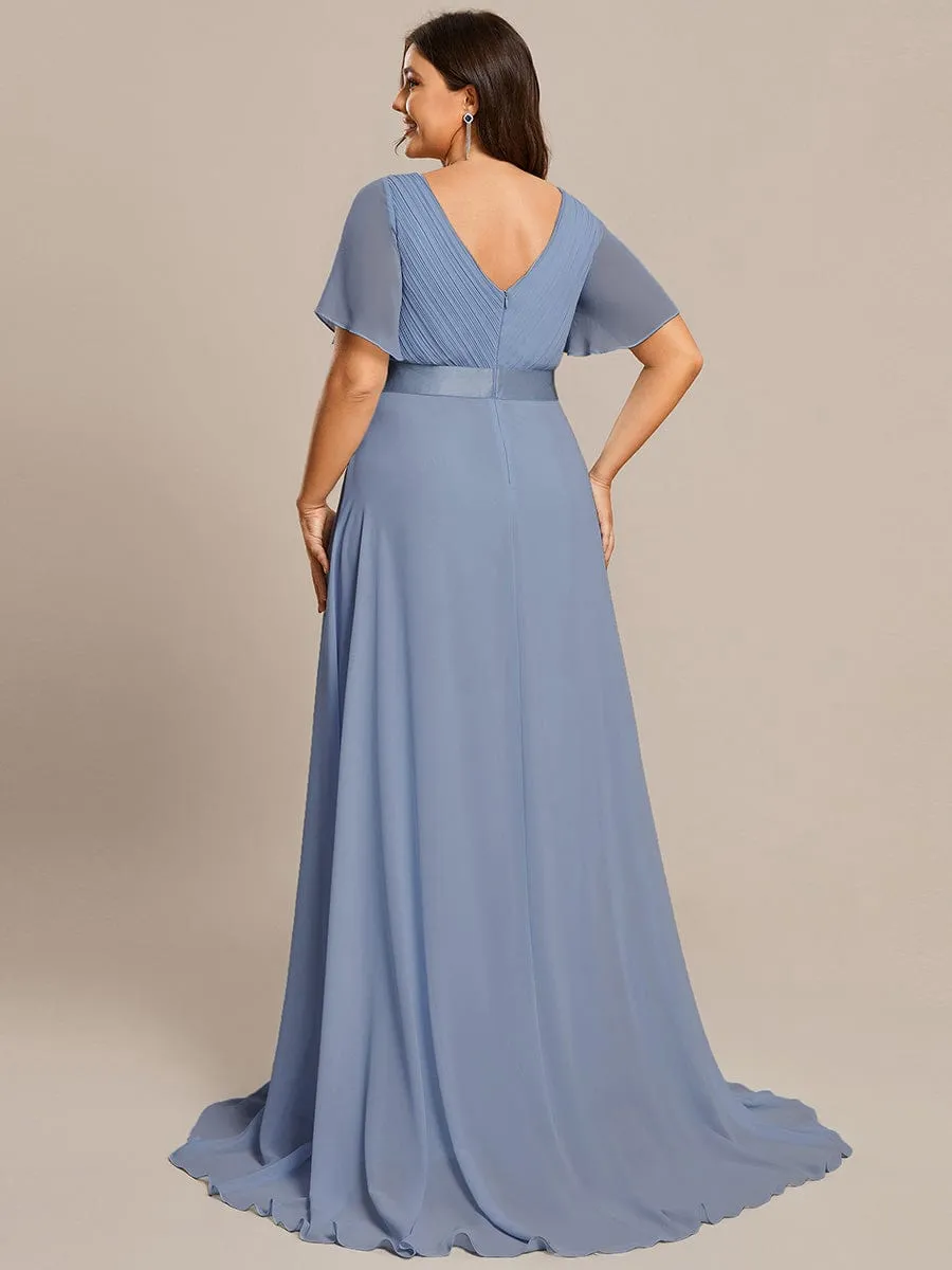 Long Empire Waist Bridesmaid Dress with Short Flutter Sleeves