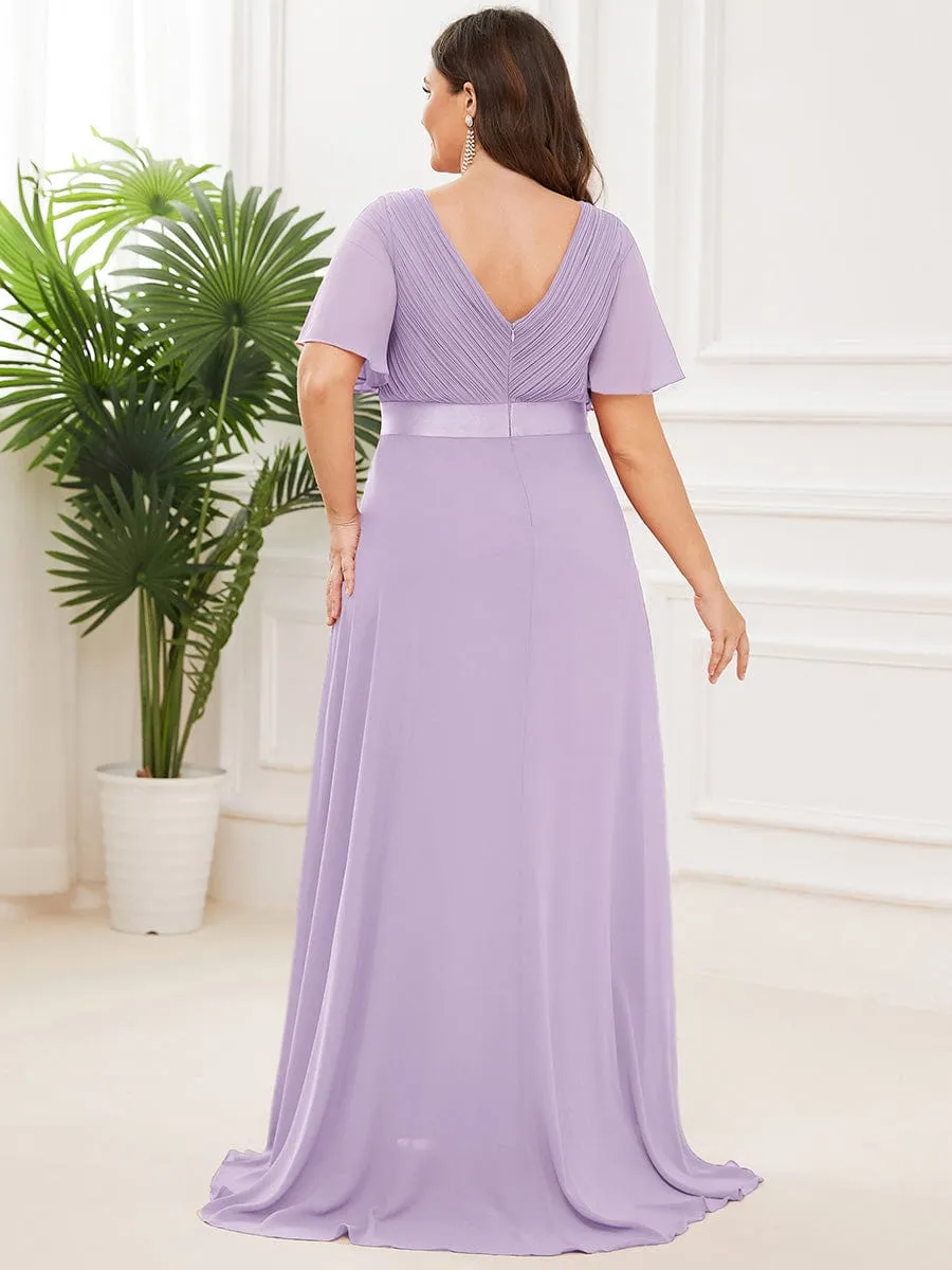 Long Empire Waist Bridesmaid Dress with Short Flutter Sleeves