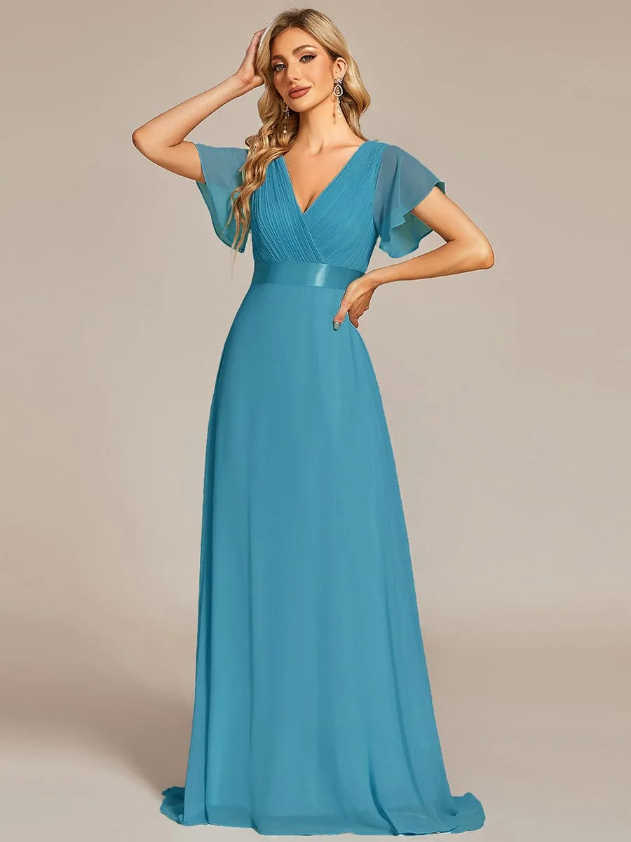 Long Empire Waist Bridesmaid Dress with Short Flutter Sleeves