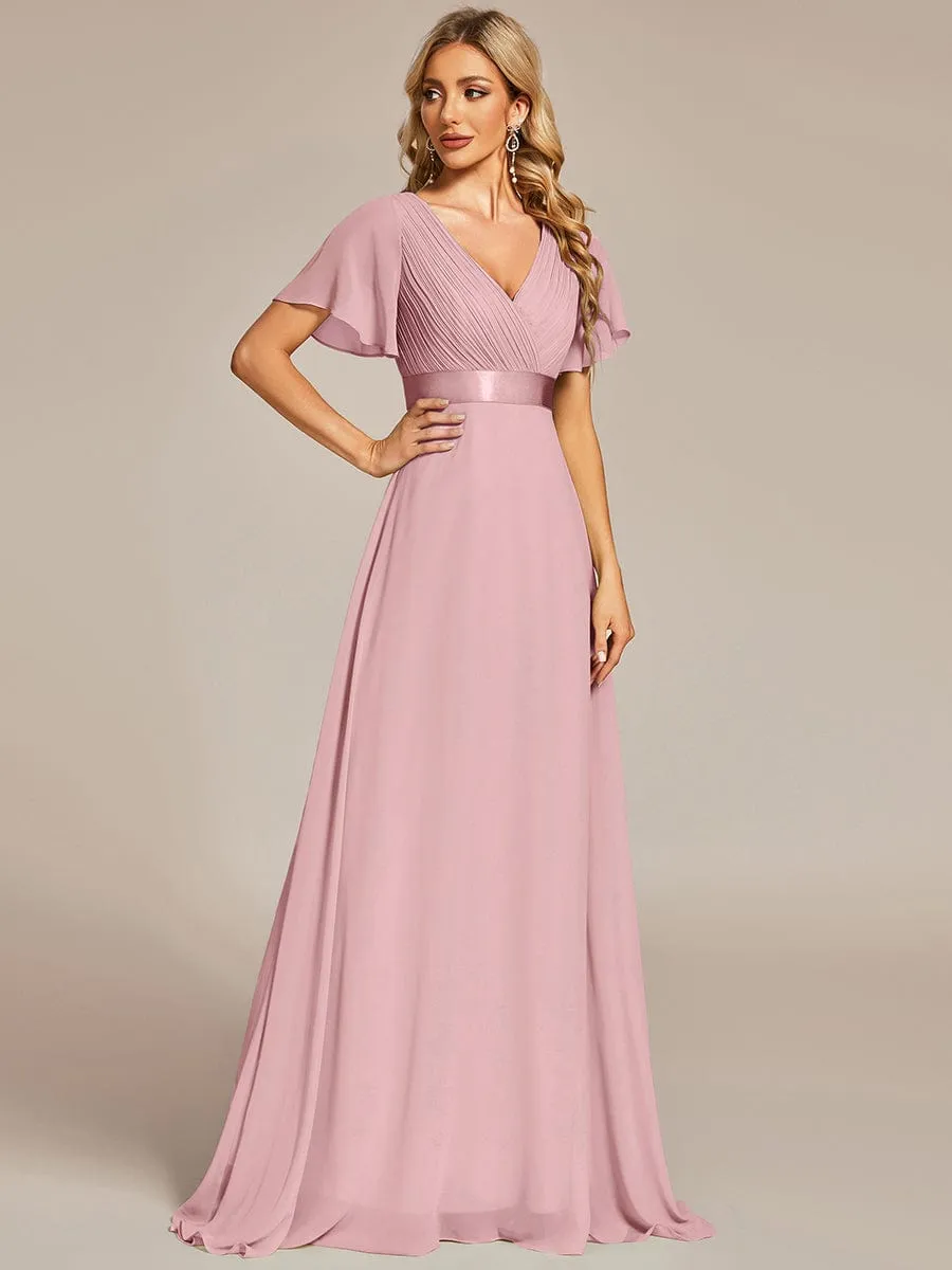 Long Empire Waist Bridesmaid Dress with Short Flutter Sleeves