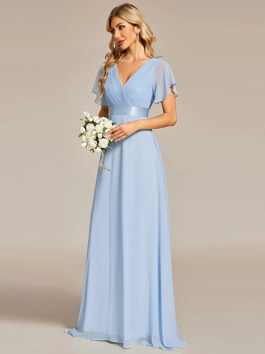 Long Empire Waist Bridesmaid Dress with Short Flutter Sleeves