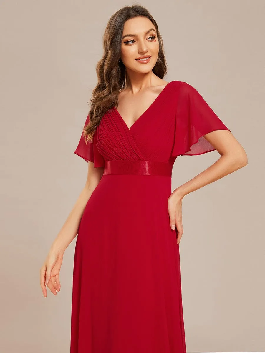 Long Empire Waist Bridesmaid Dress with Short Flutter Sleeves