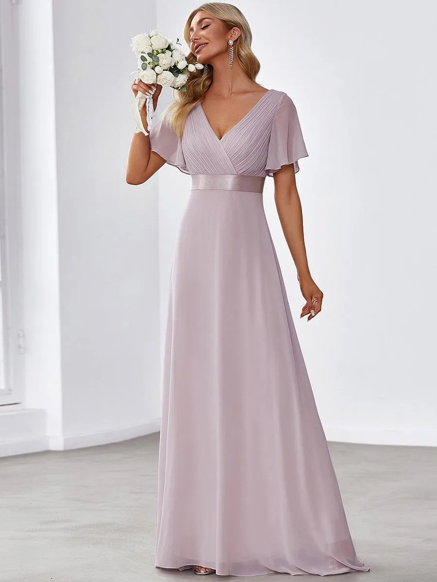 Long Empire Waist Bridesmaid Dress with Short Flutter Sleeves