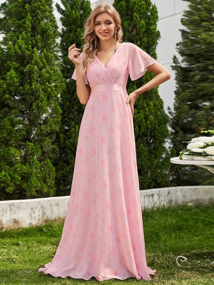 Long Empire Waist Bridesmaid Dress with Short Flutter Sleeves