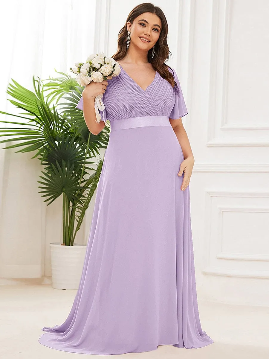 Long Empire Waist Bridesmaid Dress with Short Flutter Sleeves