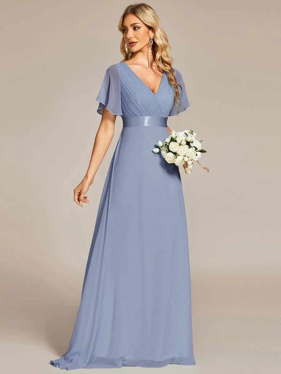 Long Empire Waist Bridesmaid Dress with Short Flutter Sleeves