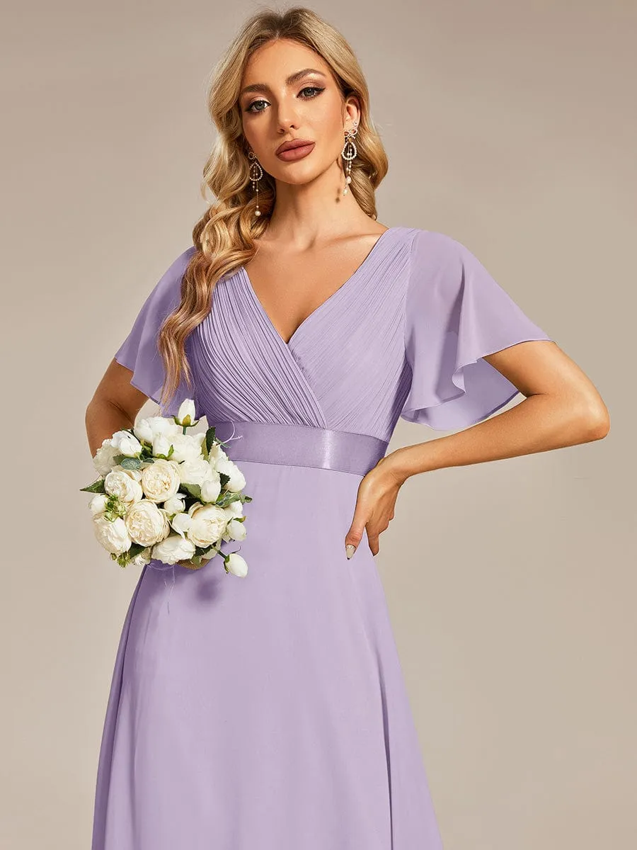 Long Empire Waist Bridesmaid Dress with Short Flutter Sleeves