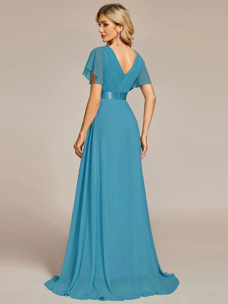 Long Empire Waist Bridesmaid Dress with Short Flutter Sleeves