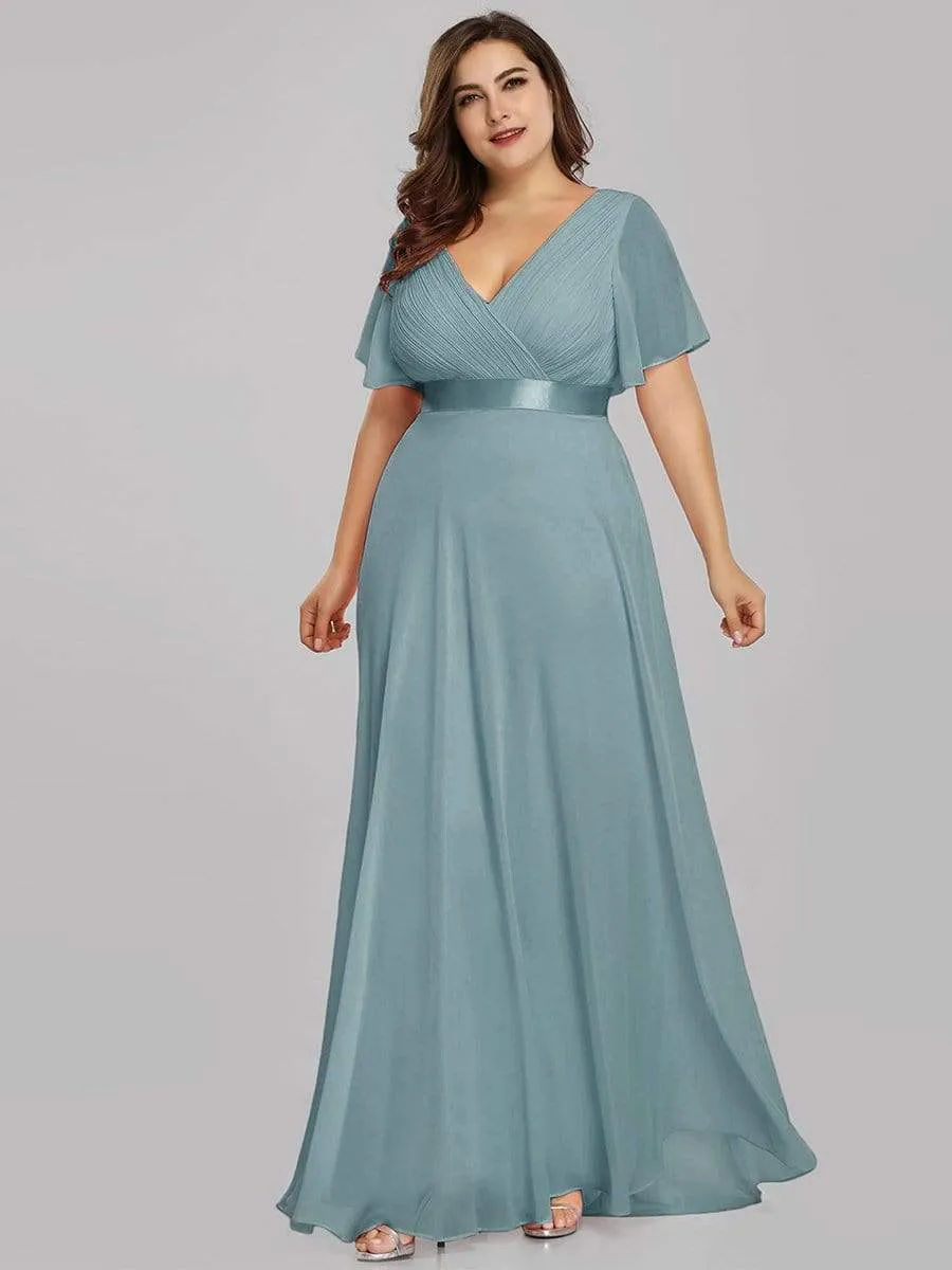 Long Empire Waist Bridesmaid Dress with Short Flutter Sleeves