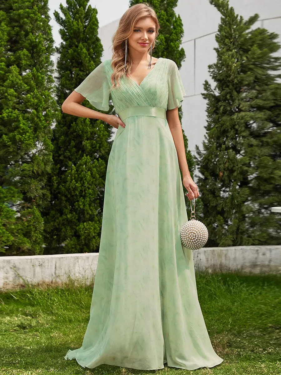 Long Empire Waist Bridesmaid Dress with Short Flutter Sleeves