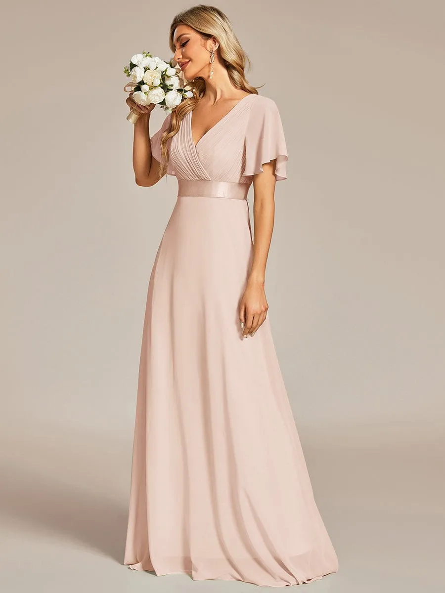 Long Empire Waist Bridesmaid Dress with Short Flutter Sleeves